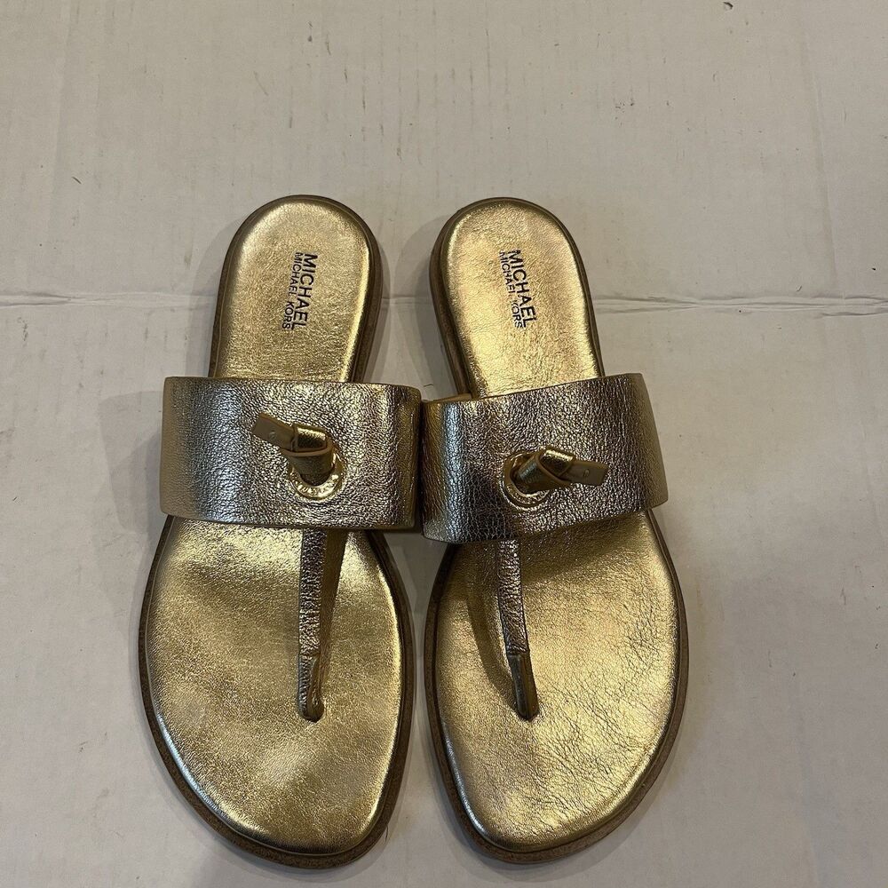 Michael Kors MK Cindy Gold Leather Sandals Slide Sz 8.5